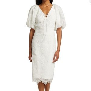 ML Monique Lhuillier Organza Lace Puff-Sleeve Dress